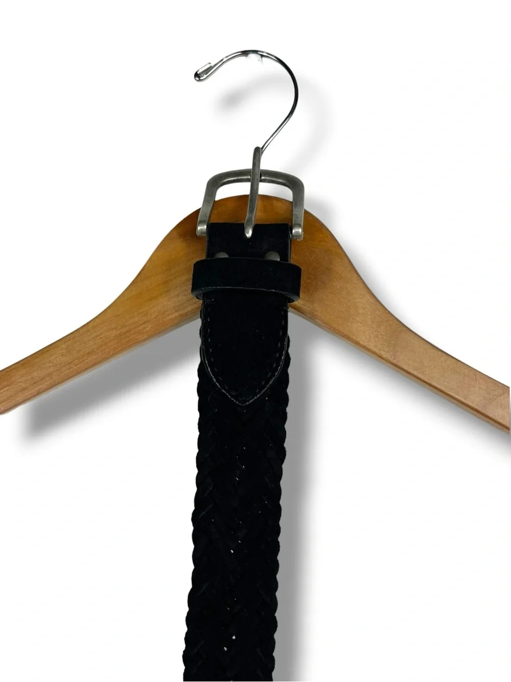 Abercrombie and Fitch Men's Braided Leather Suede Black Belt Brushed Silver Buck